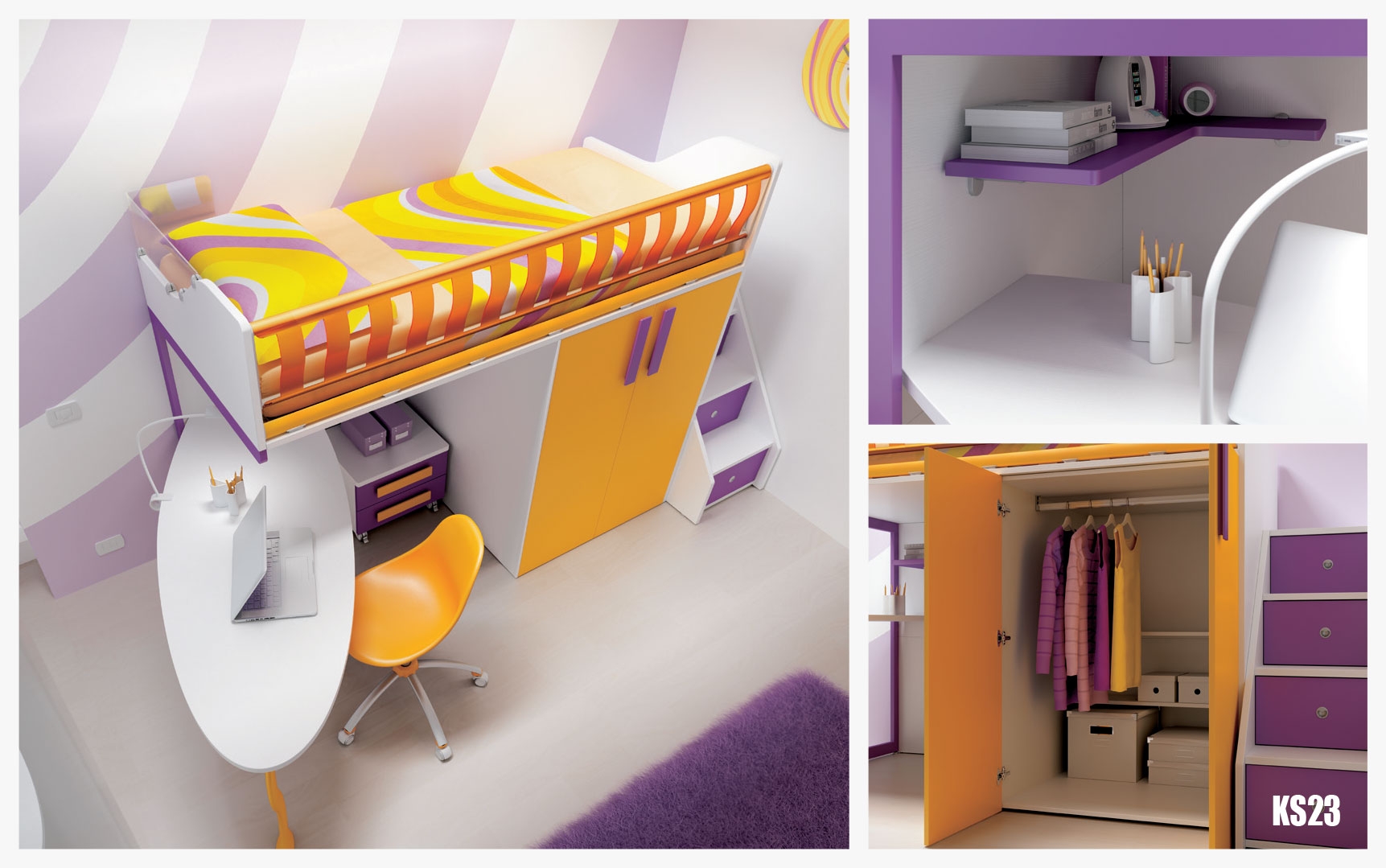 Chambre enfant avec lit mezzanine & bureau moretti compact so nuit
