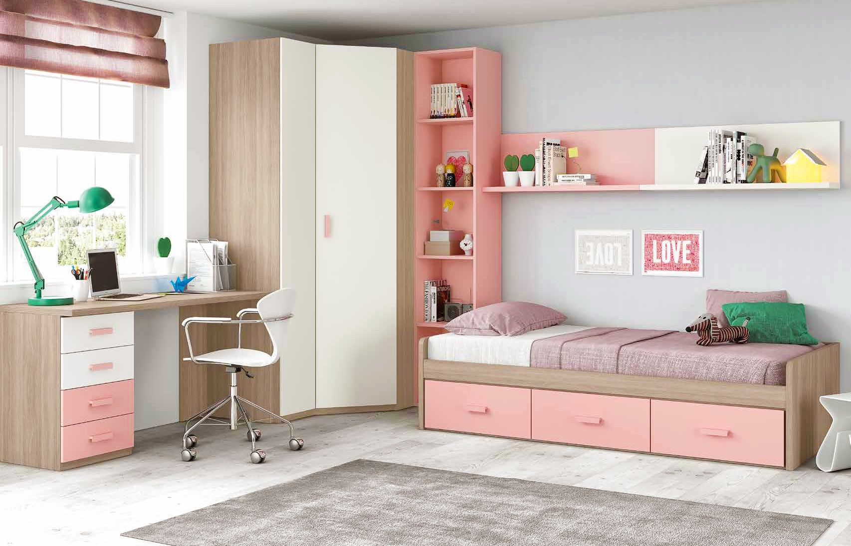 Chambre ado fille douce et rose avec lit 3 coffres glicerio so nuit