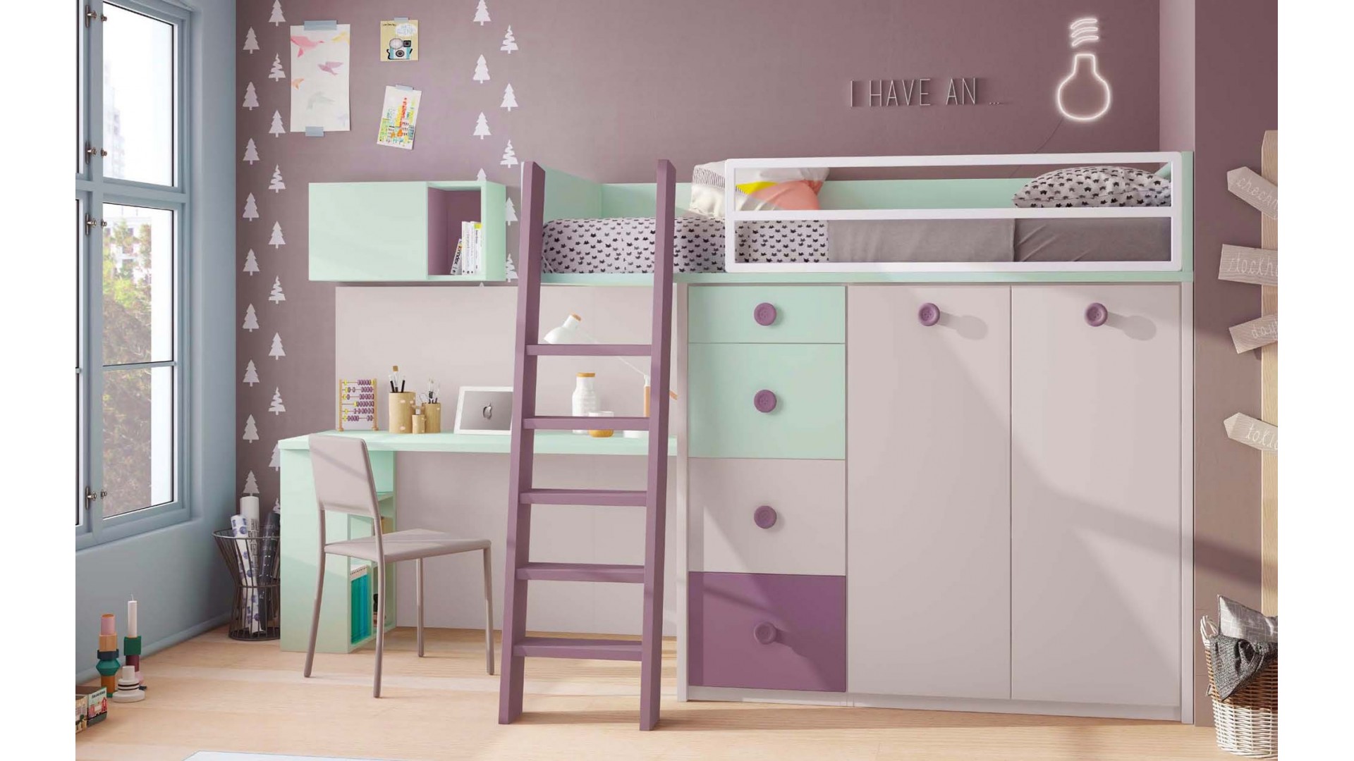 Chambre enfant avec lit superposé, armoire à 2 portes battantes et bureau  avec étagères