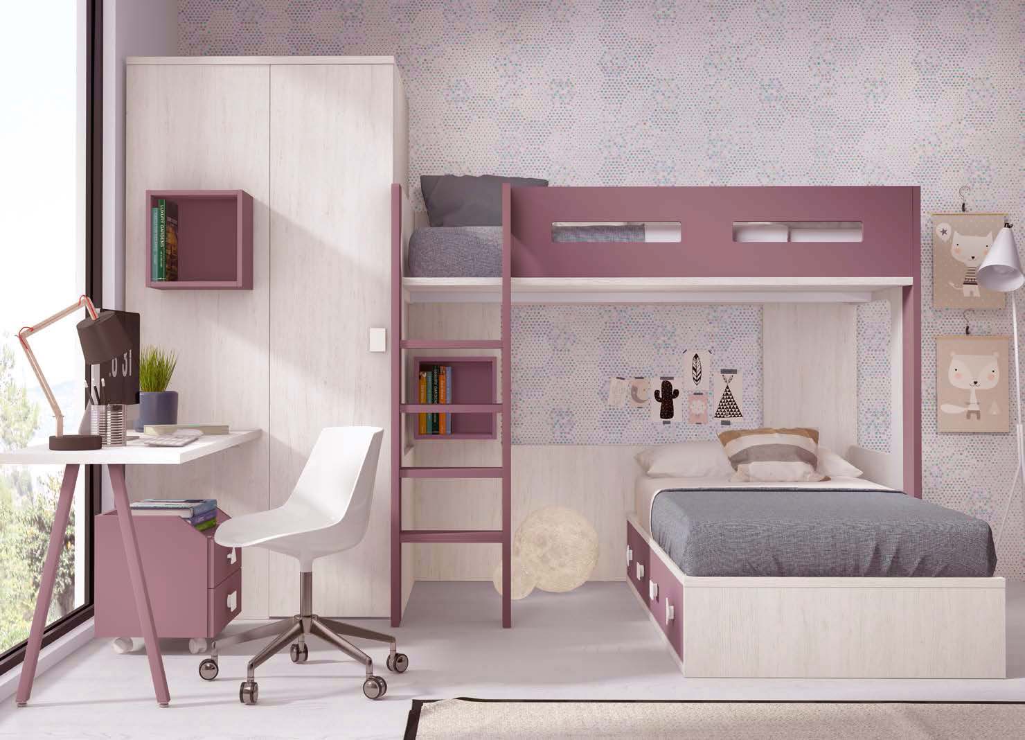 Chambre ado composée de lit compact, armoire d'angle, bureau et étagères