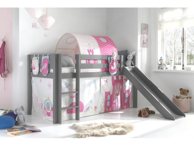 Lit superposé enfant 90x200 cm - lit mezzanine avec toboggan et escalier,  rideau de lit, lit enfant
