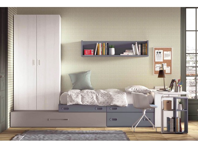 Chambre ado avec lit tatami avec 2 tiroirs, et bureau avec espace de  rangement