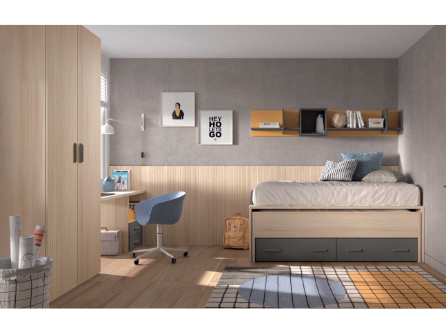 Chambre ado avec lit tatami avec 2 tiroirs, et bureau avec espace de  rangement