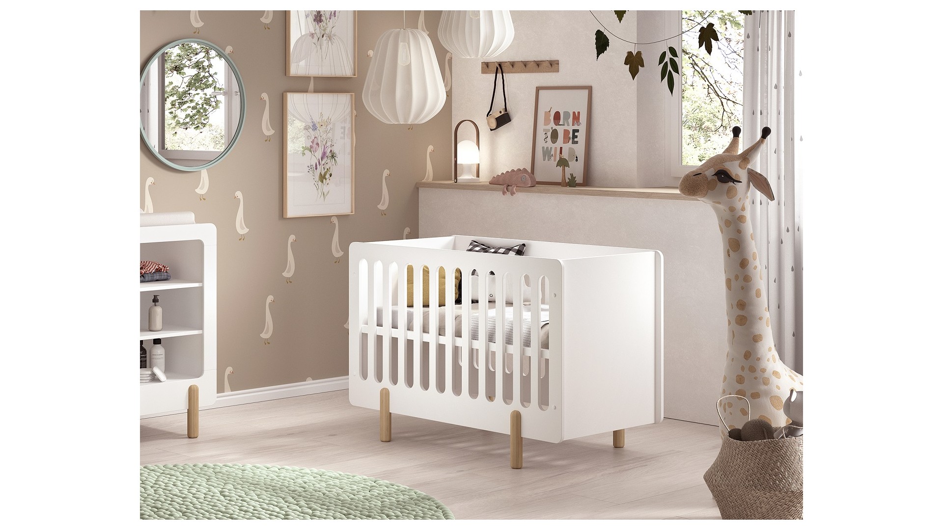 Lit de bébé TOMY 60x120 cm blanc avec pieds bois - SONUIT