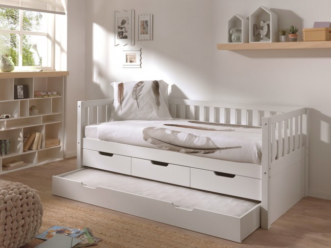 Lit banquette enfant surélevé blanc COSY avec tiroirs 90x200 cm - SONUIT