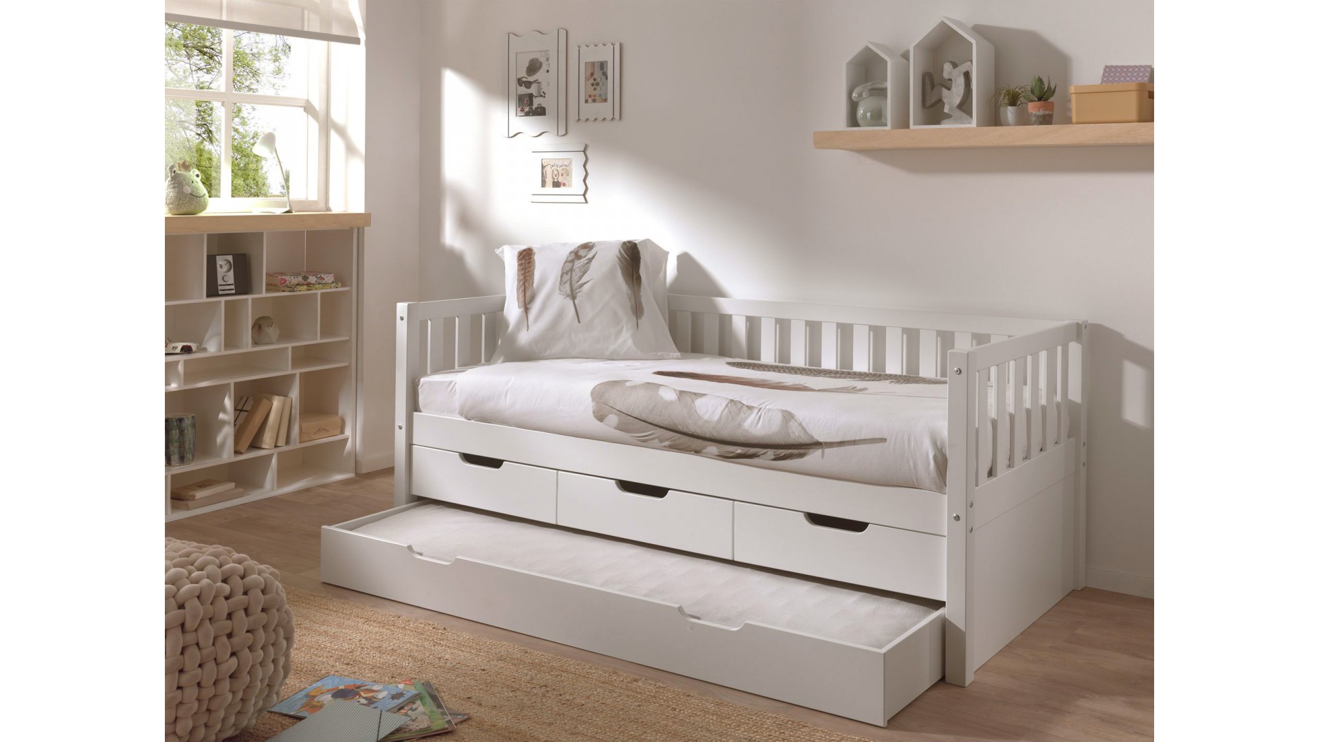 Lit banquette enfant surélevé blanc COSY avec tiroirs 90x200 cm - SONUIT